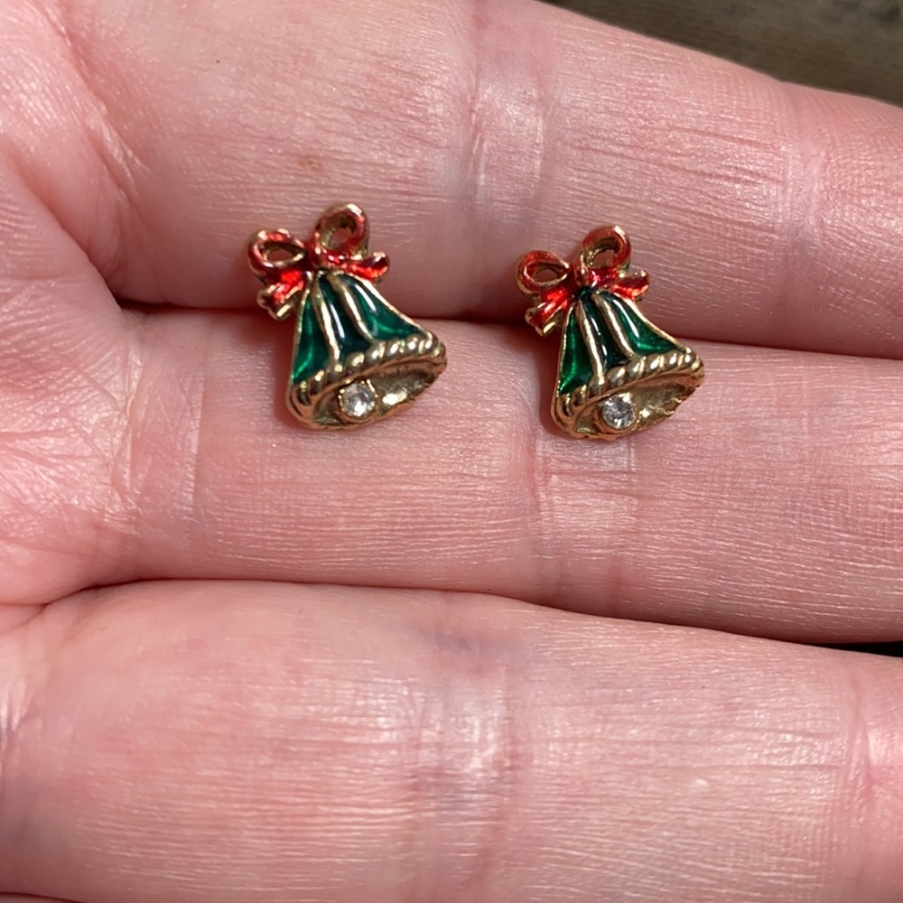 Vintage tiny Christmas Bell Earrings with rhinestones